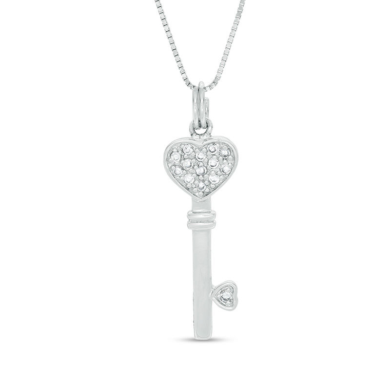 Main Image 1 of 1/10 CT. T.W. Diamond Heart-Top Key Pendant in Sterling Silver