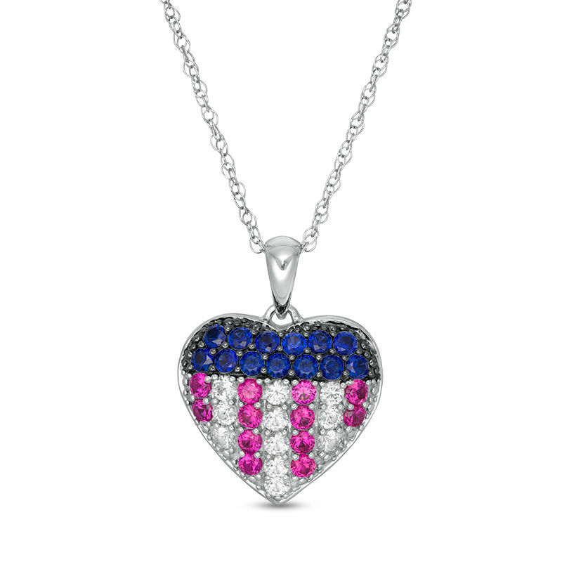 Lab-Created Ruby, White and Blue Sapphire Heart Pendant in Sterling Silver