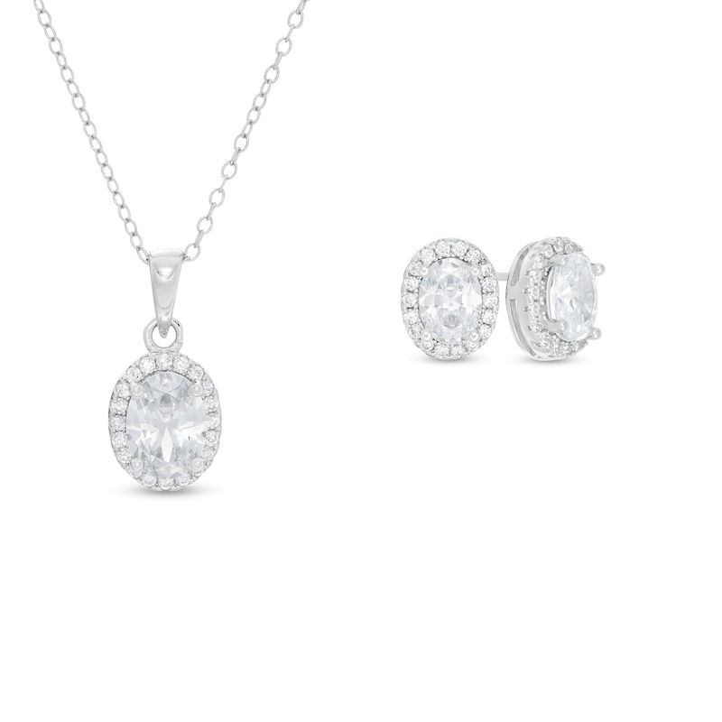 Oval Lab-Created White Sapphire Frame Drop Pendant and Stud Earrings Set in Sterling Silver