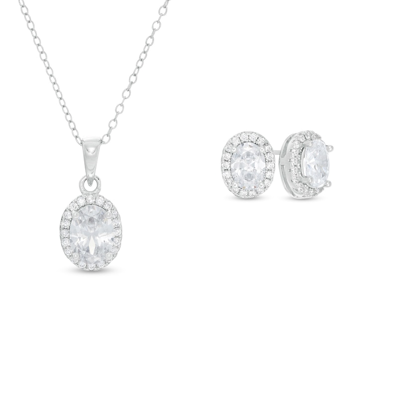 Main Image 1 of Oval Lab-Created White Sapphire Frame Drop Pendant and Stud Earrings Set in Sterling Silver