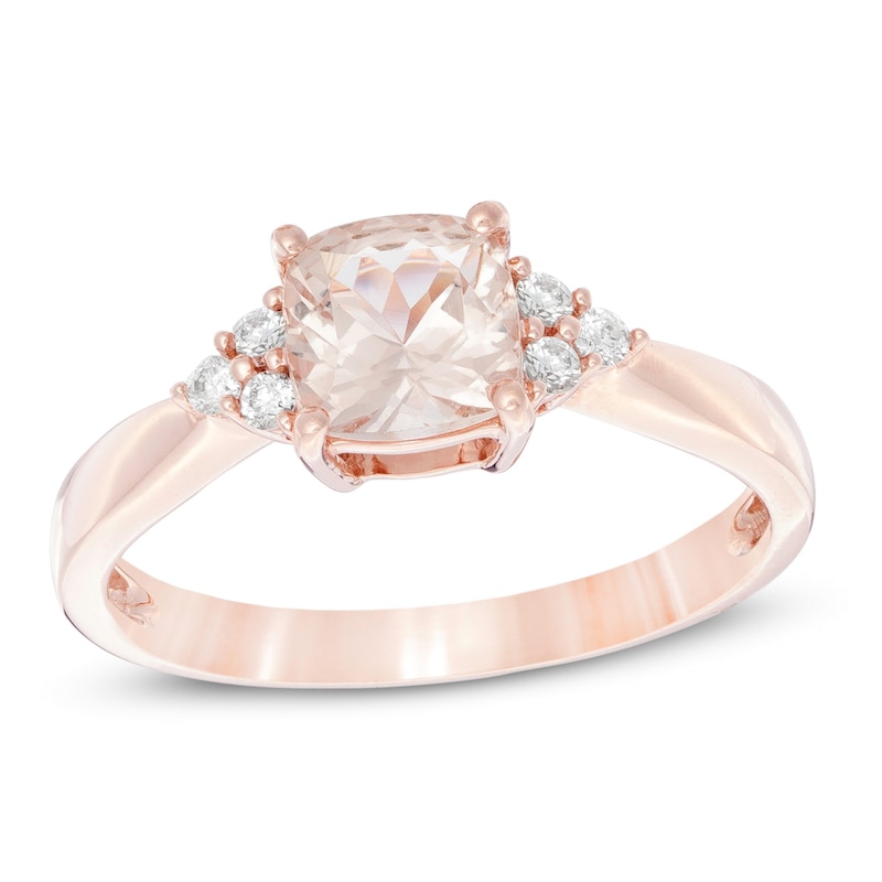 6.0mm Cushion-Cut Morganite and Lab-Created White Sapphire Tri-Sides Ring in Sterling Silver with 14K Rose Gold