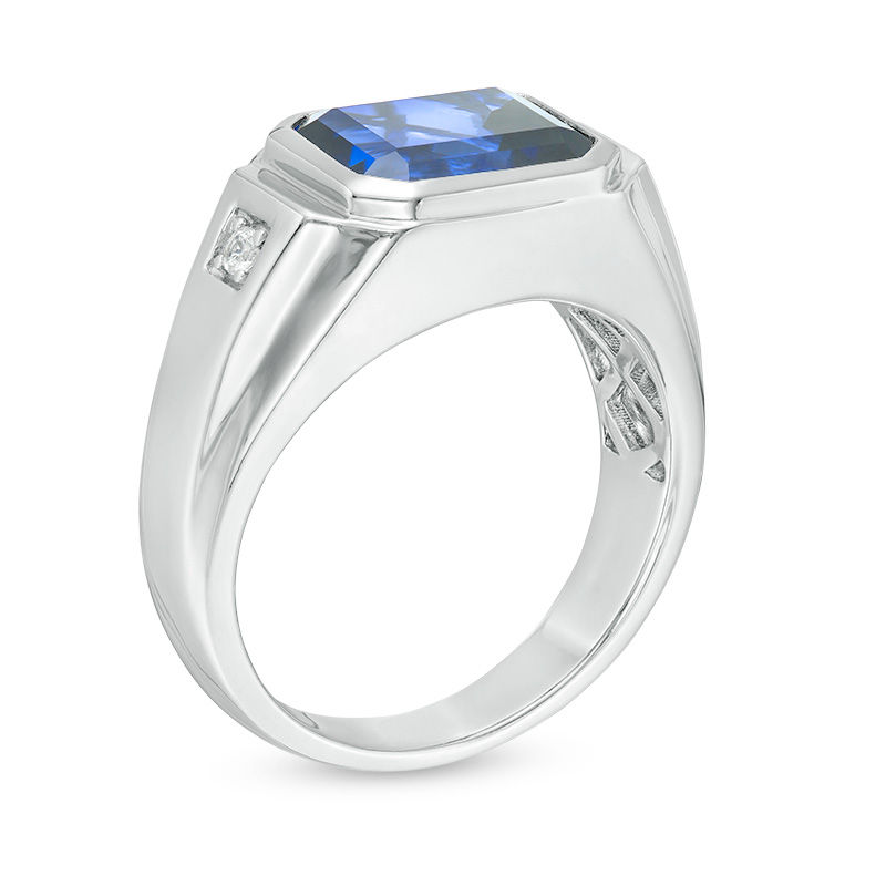 Main Image 2 of Men's Sideways Emerald-Cut Lab-Created Ceylon and White Sapphire Signet Ring in Sterling Silver