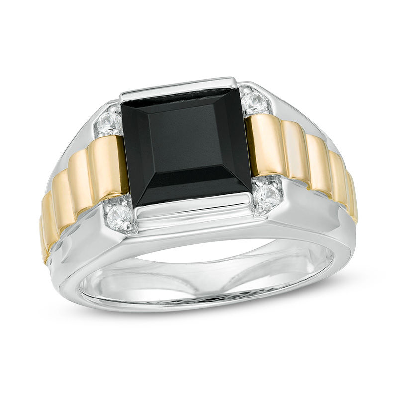 Main Image 1 of Men's Onyx and Lab-Created White Sapphire Ribbed Shank Signet Ring in Sterling Silver and 14K Gold Plate