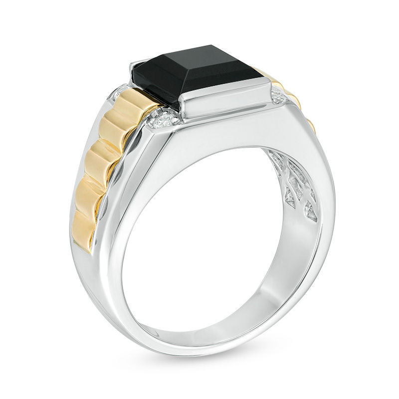 Main Image 2 of Men's Onyx and Lab-Created White Sapphire Ribbed Shank Signet Ring in Sterling Silver and 14K Gold Plate