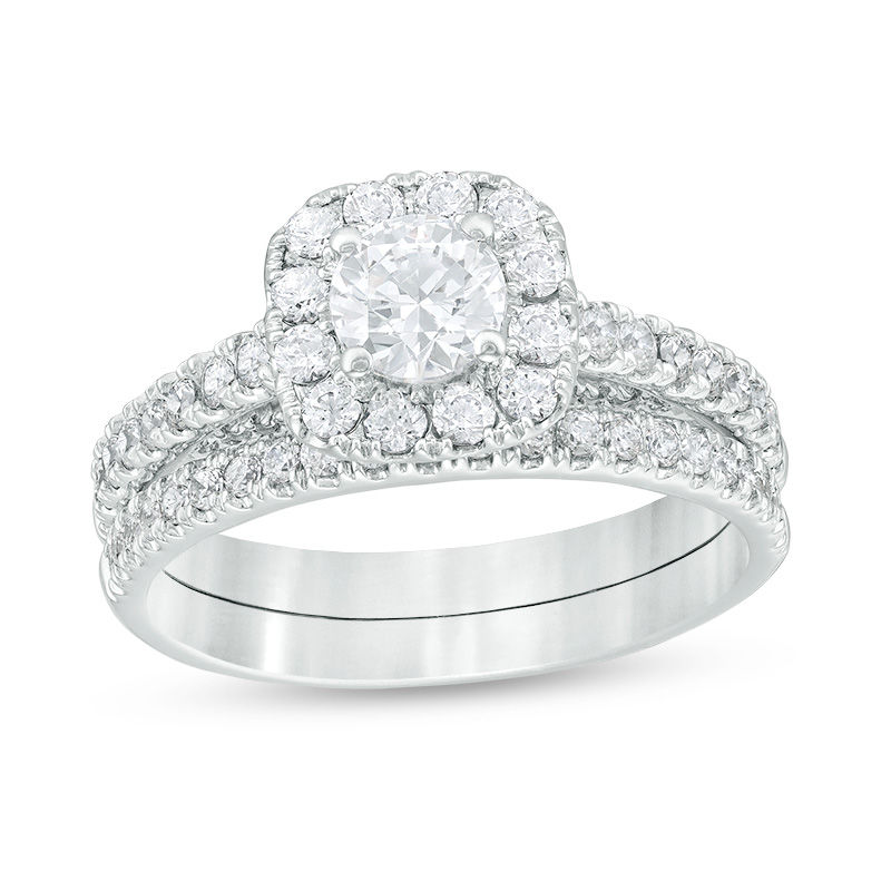Main Image 1 of 1-3/8 CT. T.W. Diamond Cushion Frame Bridal Set in 14K White Gold
