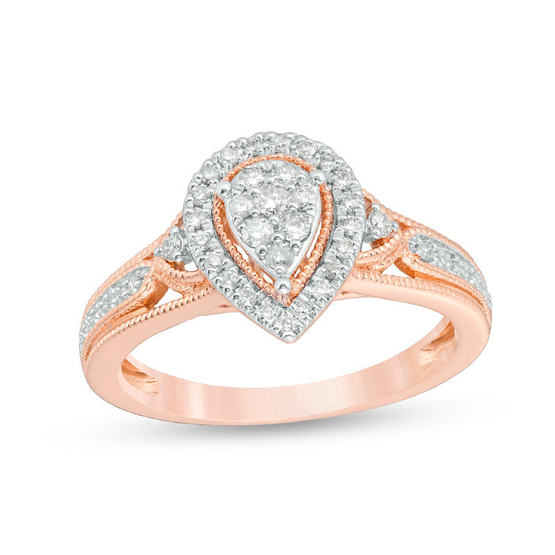 1/4 CT. T.W. Composite Diamond Pear-Shaped Frame Twist Shank Vintage-Style Engagement Ring in 10K Rose Gold