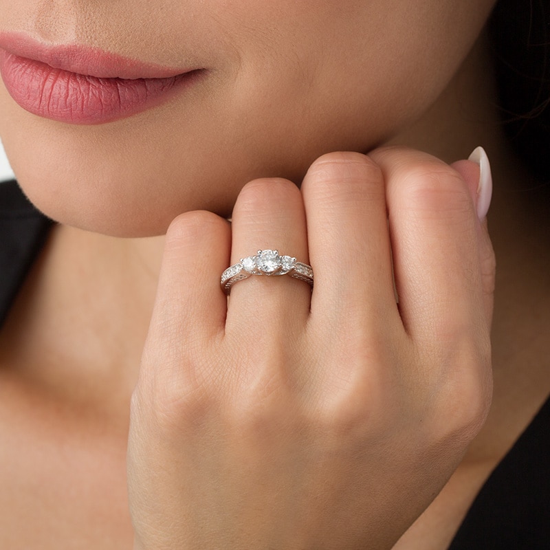 Main Image 3 of 3/4 CT. T.W. Diamond Three Stone Vintage-Style Engagement Ring in 10K White Gold