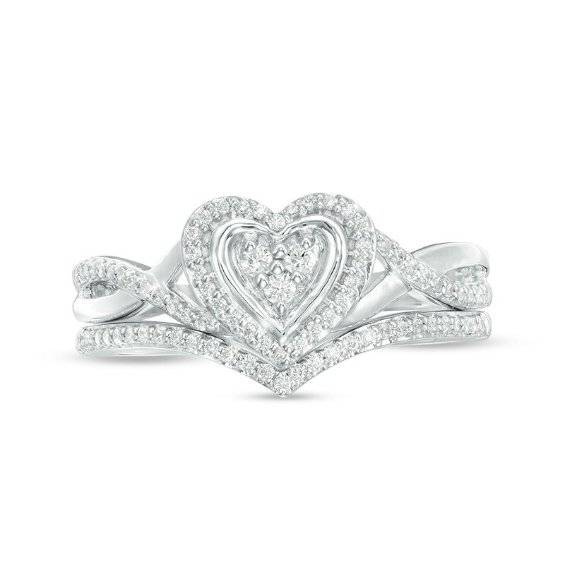 Main Image 6 of 1/5 CT. T.W. Diamond Heart Frame Twist Bridal Set in 10K White Gold
