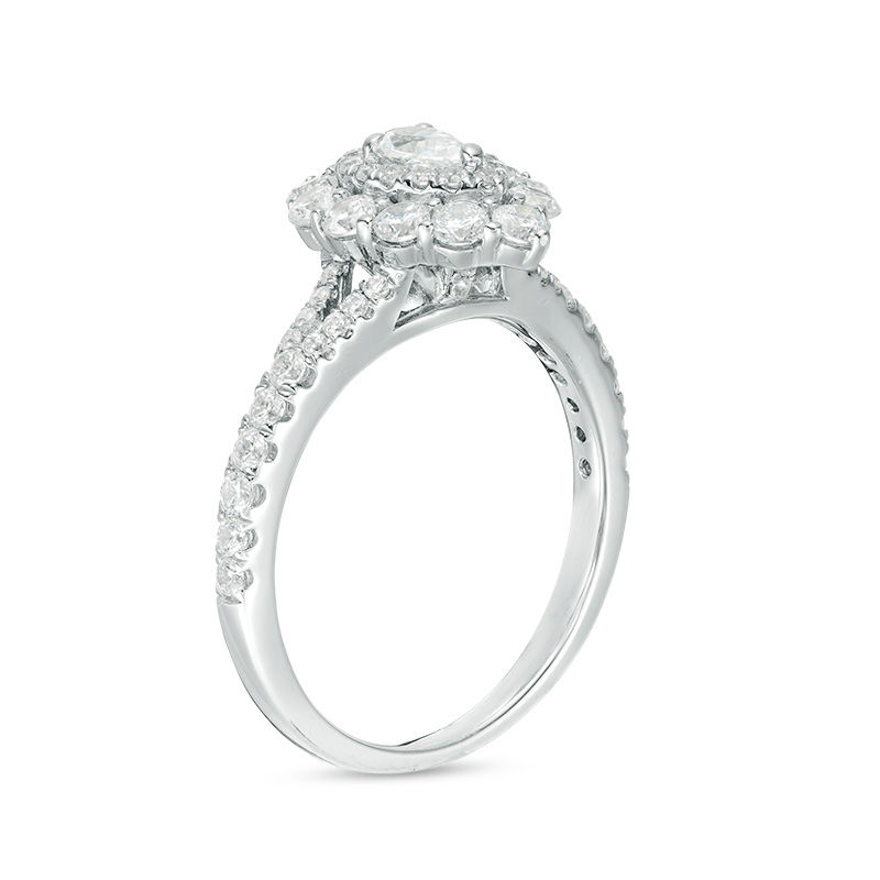 Main Image 2 of 1 CT. T.W. Pear-Shaped Diamond Double Frame Split Shank Engagement Ring in 14K White Gold