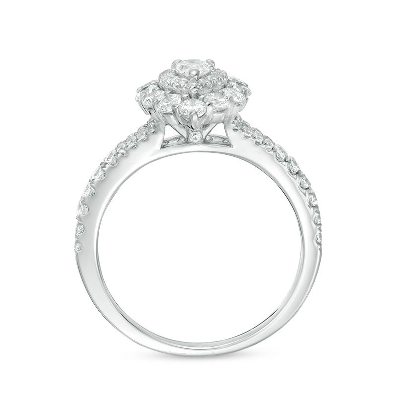 Main Image 4 of 1 CT. T.W. Pear-Shaped Diamond Double Frame Split Shank Engagement Ring in 14K White Gold