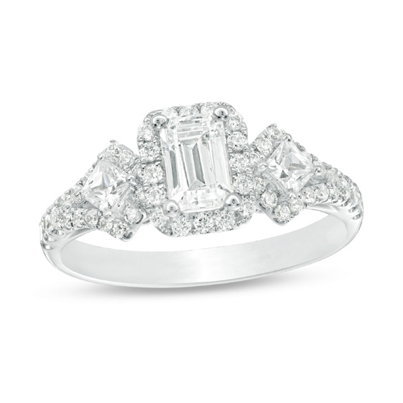 Main Image 1 of 1 CT. T.W. Certified Emerald-Cut Diamond Frame Past Present Future® Ornate Engagement Ring in 14K White Gold (I/I1)