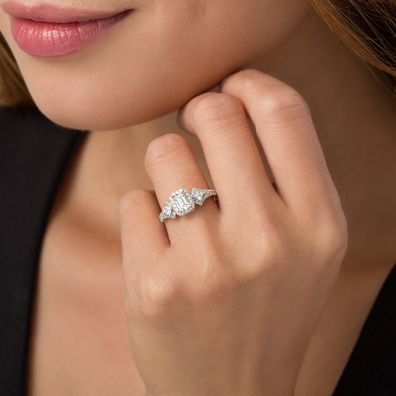 Main Image 3 of 1 CT. T.W. Certified Emerald-Cut Diamond Frame Past Present Future® Ornate Engagement Ring in 14K White Gold (I/I1)