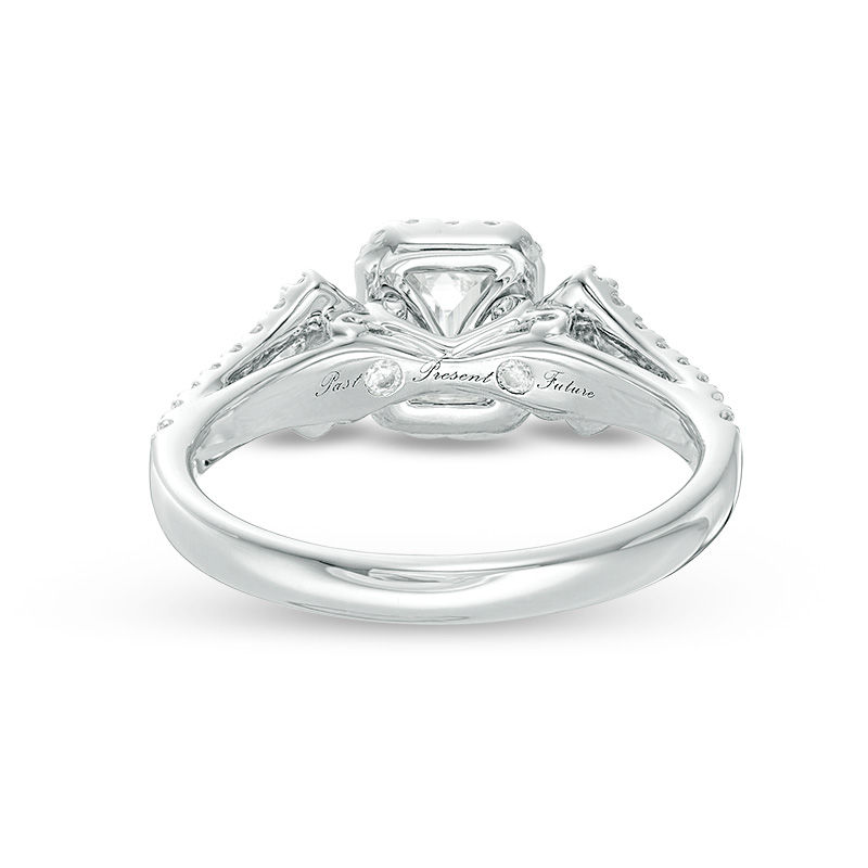 Main Image 4 of 1 CT. T.W. Certified Emerald-Cut Diamond Frame Past Present Future® Ornate Engagement Ring in 14K White Gold (I/I1)