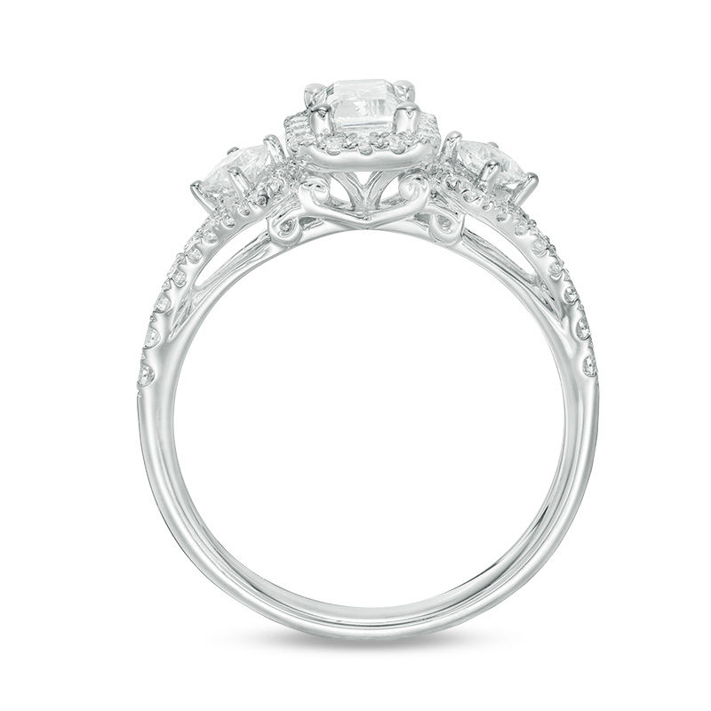 Main Image 5 of 1 CT. T.W. Certified Emerald-Cut Diamond Frame Past Present Future® Ornate Engagement Ring in 14K White Gold (I/I1)