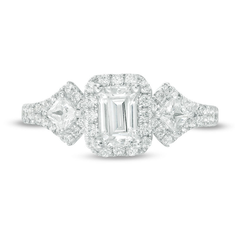 Main Image 6 of 1 CT. T.W. Certified Emerald-Cut Diamond Frame Past Present Future® Ornate Engagement Ring in 14K White Gold (I/I1)
