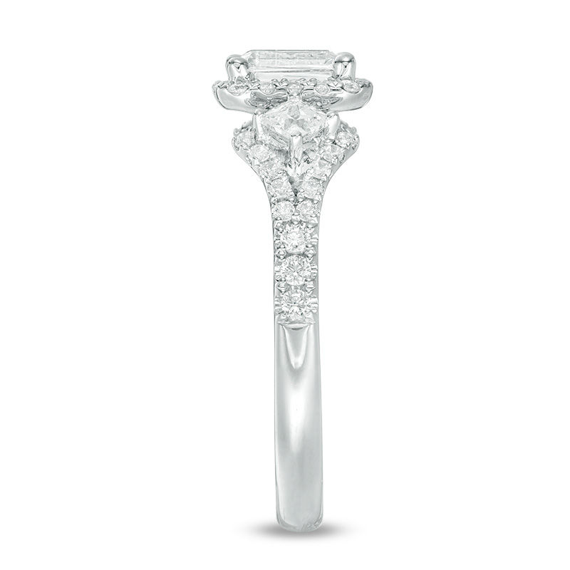 Main Image 7 of 1 CT. T.W. Certified Emerald-Cut Diamond Frame Past Present Future® Ornate Engagement Ring in 14K White Gold (I/I1)