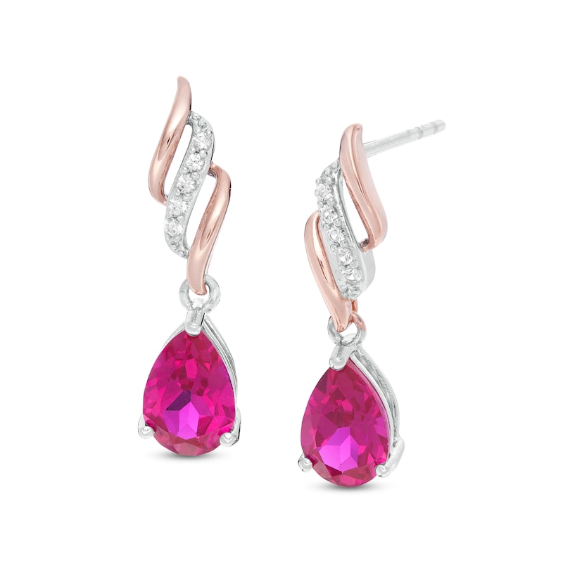 Main Image 1 of Pear-Shaped Lab-Created Ruby and White Sapphire Open Flame Drop Earrings in Sterling Silver with 14K Rose Gold