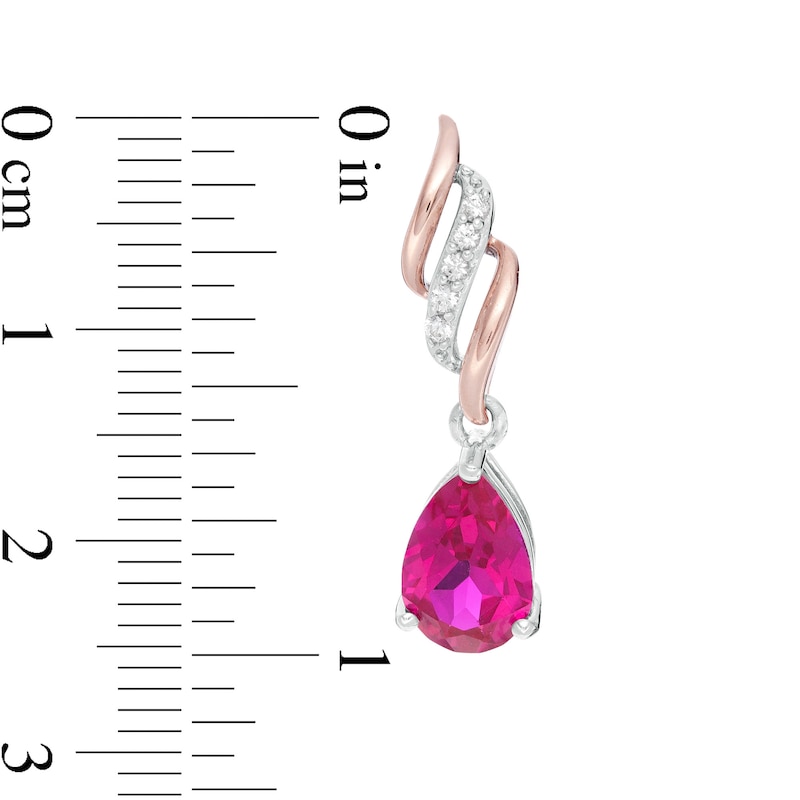 Main Image 2 of Pear-Shaped Lab-Created Ruby and White Sapphire Open Flame Drop Earrings in Sterling Silver with 14K Rose Gold