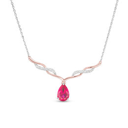 Pear-Shaped Lab-Created Ruby and White Sapphire Twisted Necklace in Sterling Silver and 14K Rose Gold Plate - 18.25&quot;