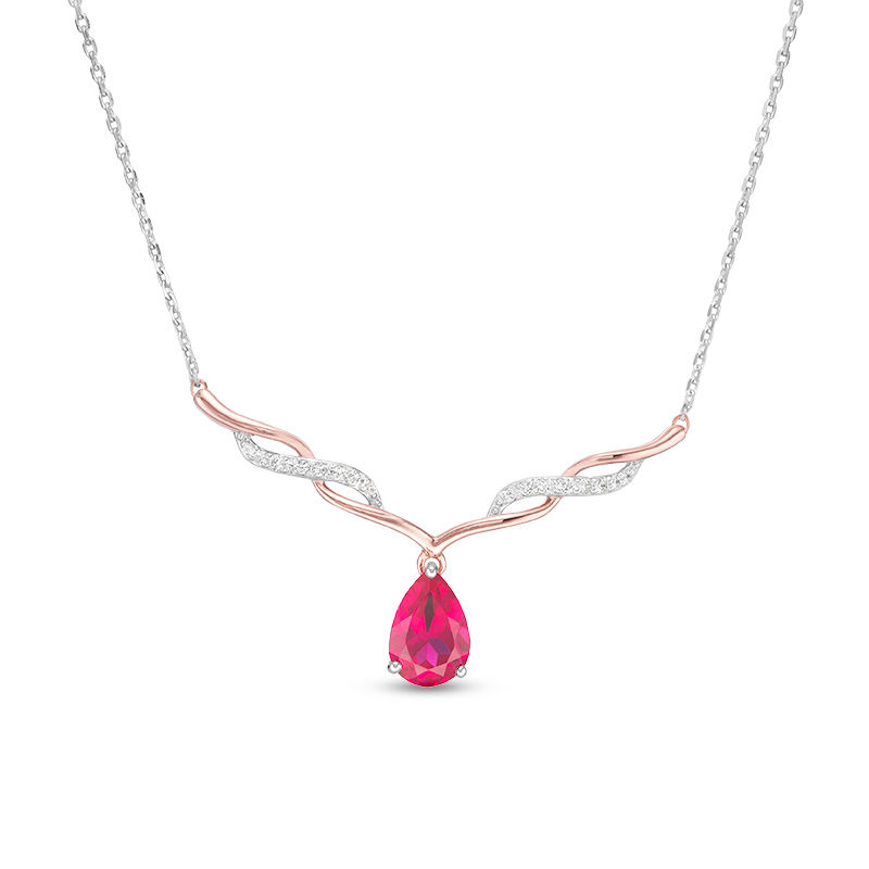 Pear-Shaped Lab-Created Ruby and White Sapphire Twisted Necklace in Sterling Silver and 14K Rose Gold Plate - 18.25"