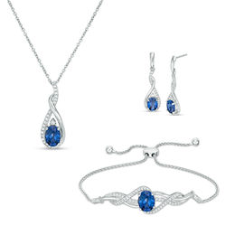 Oval Lab-Created Ceylon Blue and White Sapphire Pendant, Drop Earrings and Bolo Bracelet Set in Sterling Silver