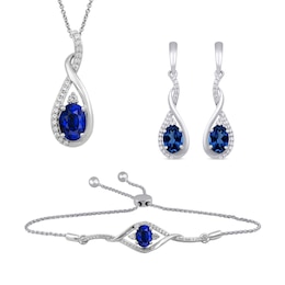 Oval Lab-Created Ceylon Blue and White Sapphire Pendant, Drop Earrings and Bolo Bracelet Set in Sterling Silver