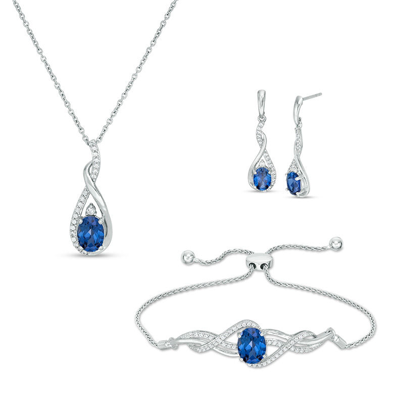Oval Lab Created Ceylon Blue and White Sapphire Pendant Drop Earrings and Bolo Bracelet Set in Sterling Silver Zales Outlet