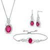 Thumbnail Image 1 of Oval Lab-Created Ruby and White Sapphire Frame Pendant, Bolo Bracelet and Drop Earrings Set in Sterling Silver - 9"