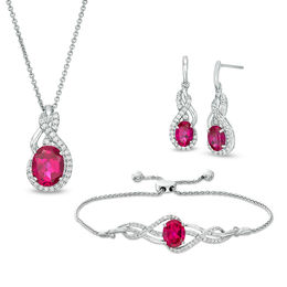 Oval Lab-Created Ruby and White Sapphire Frame Pendant, Bolo Bracelet and Drop Earrings Set in Sterling Silver - 9&quot;