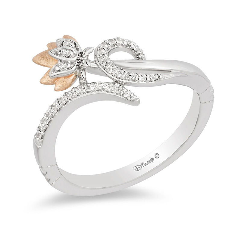 Main Image 1 of Enchanted Disney Jasmine 1/10 CT. T.W. Diamond Lotus Bypass Wrap Ring in Sterling Silver and 10K Rose Gold