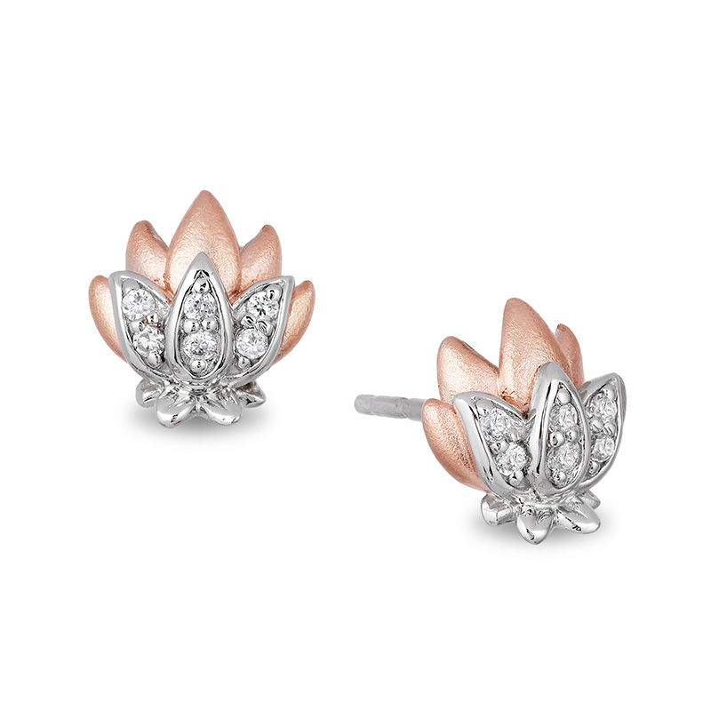 Enchanted Disney Jasmine 1/10 CT. T.W. Diamond Lotus Stud Earrings in Sterling Silver and 10K Rose Gold