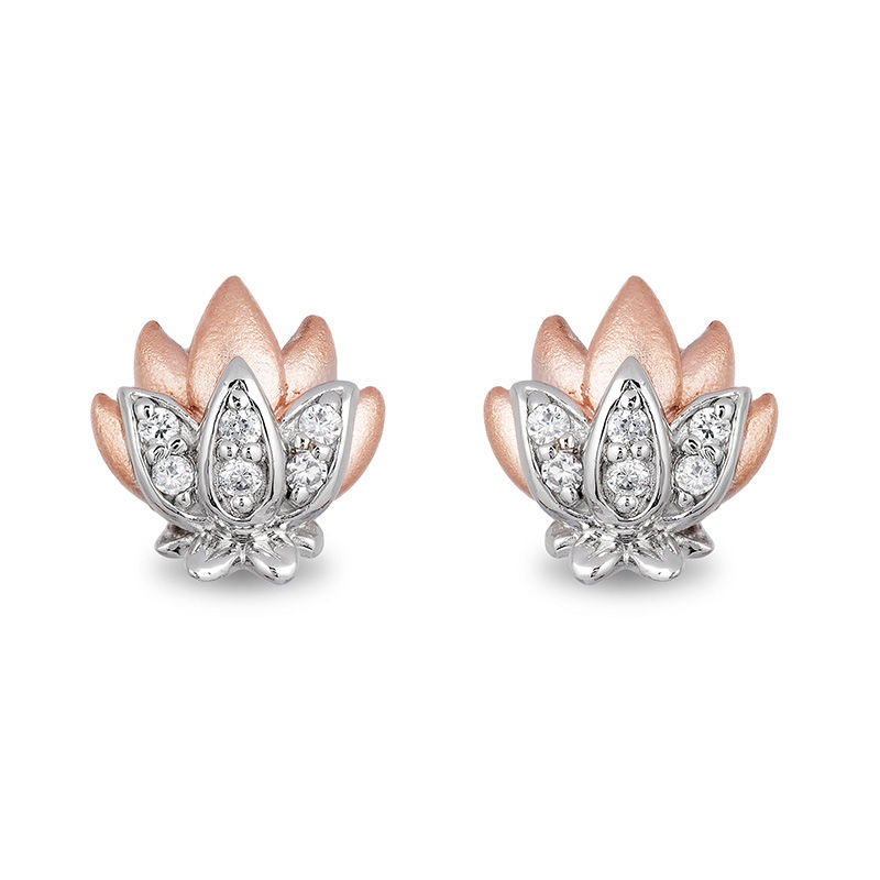 Enchanted Disney Jasmine 1/10 CT. T.W. Diamond Lotus Stud Earrings in Sterling Silver and 10K Rose Gold