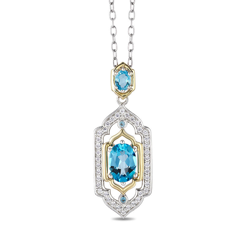 Enchanted Disney Jasmine Oval Swiss Blue Topaz and 1/5 CT. T.W. Diamond Pendant in Sterling Silver and 10K Gold - 19"