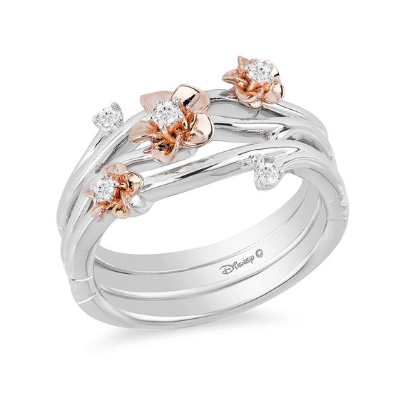 Enchanted Disney Mulan 1 10 CT. T.W. Diamond Flower Stackable Band Set in Sterling Silver and 10K Rose Gold Zales Outlet