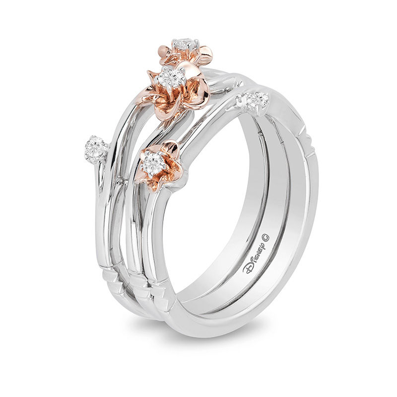 Main Image 2 of Enchanted Disney Mulan 1/10 CT. T.W. Diamond Flower Stackable Band Set in Sterling Silver and 10K Rose Gold
