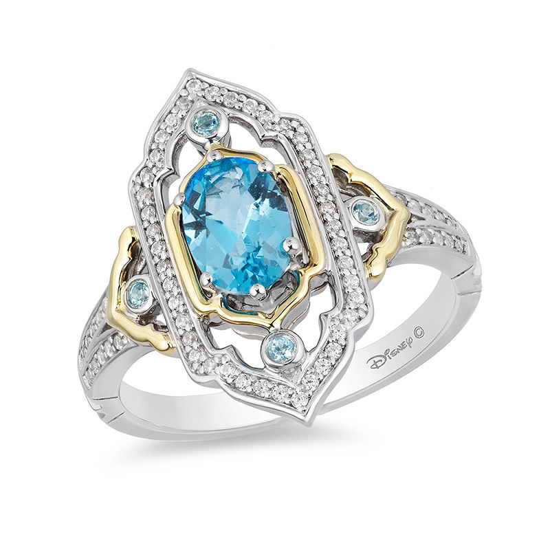 Enchanted Disney Jasmine Oval Swiss Blue Topaz and 1/5 CT. T.W. Diamond Ring in Sterling Silver and 10K Gold