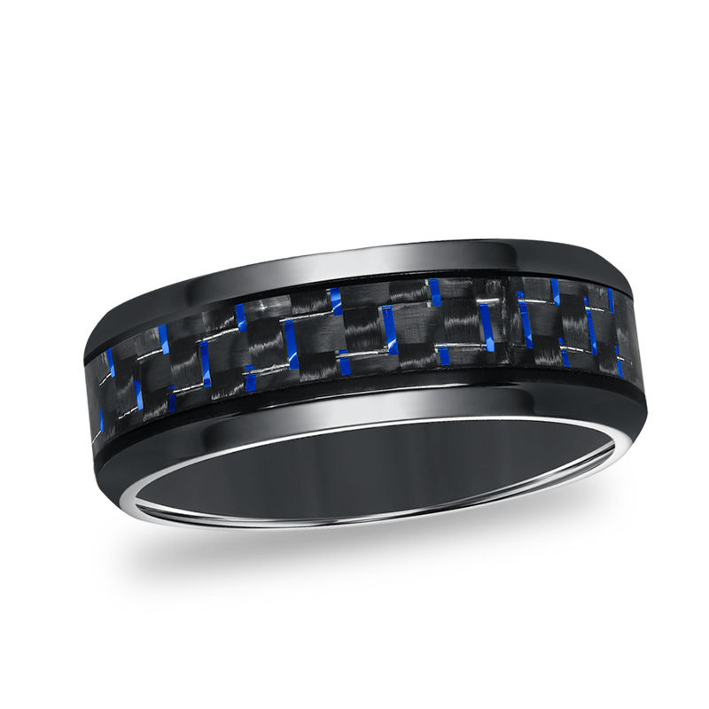 Triton Men's 8.0mm Comfort-Fit Blue Carbon Fiber Wedding Band in Black Titanium