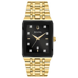 Men's Bulova Modern Diamond Accent Gold-Tone Watch with Rectangular Black Dial (Model: 97D118)