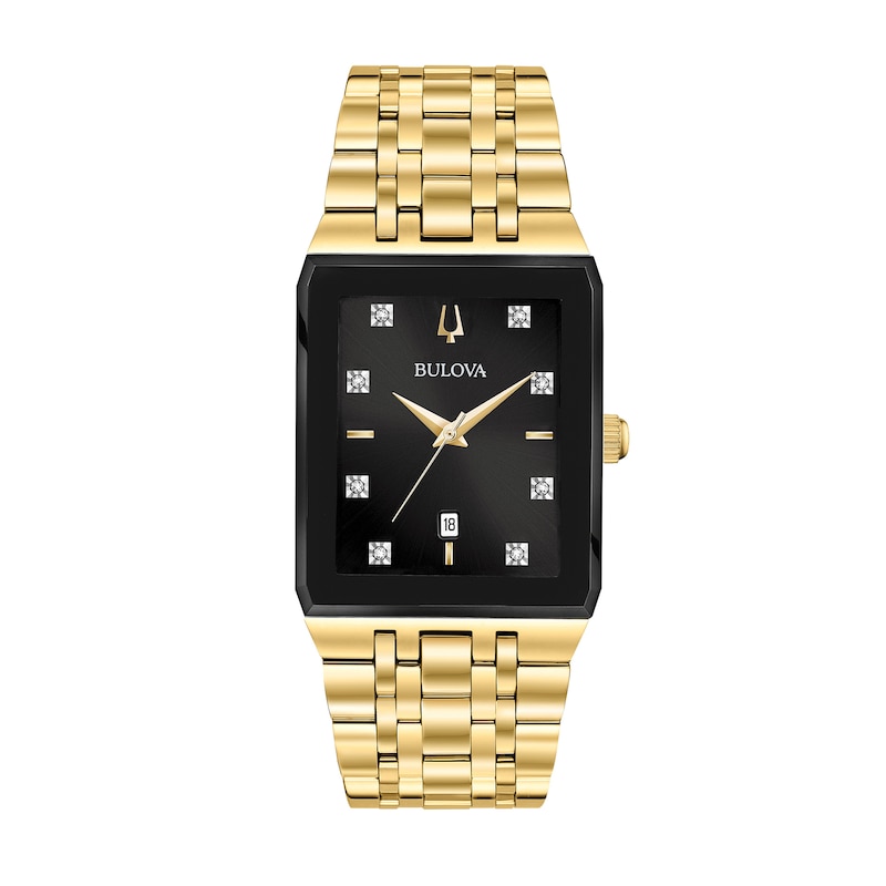 Main Image 1 of Men's Bulova Modern Diamond Accent Gold-Tone Watch with Rectangular Black Dial (Model: 97D118)