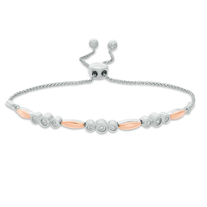 Main Image 1 of 1/20 CT. T.W. Diamond Three Stone and Bar Station Bolo Bracelet in Sterling Silver and 10K Rose Gold - 9.5"