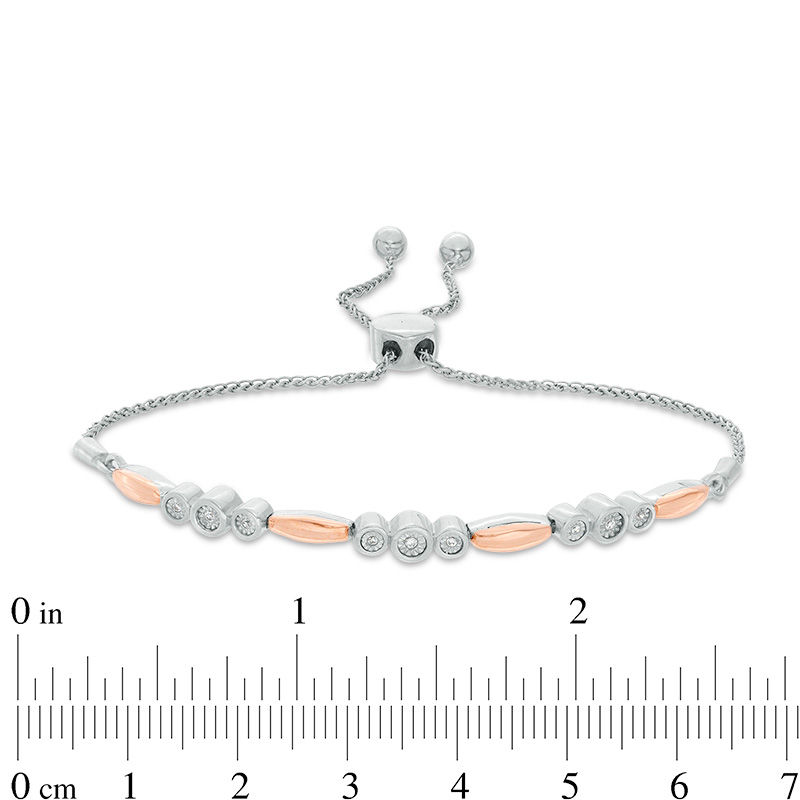 Main Image 3 of 1/20 CT. T.W. Diamond Three Stone and Bar Station Bolo Bracelet in Sterling Silver and 10K Rose Gold - 9.5"
