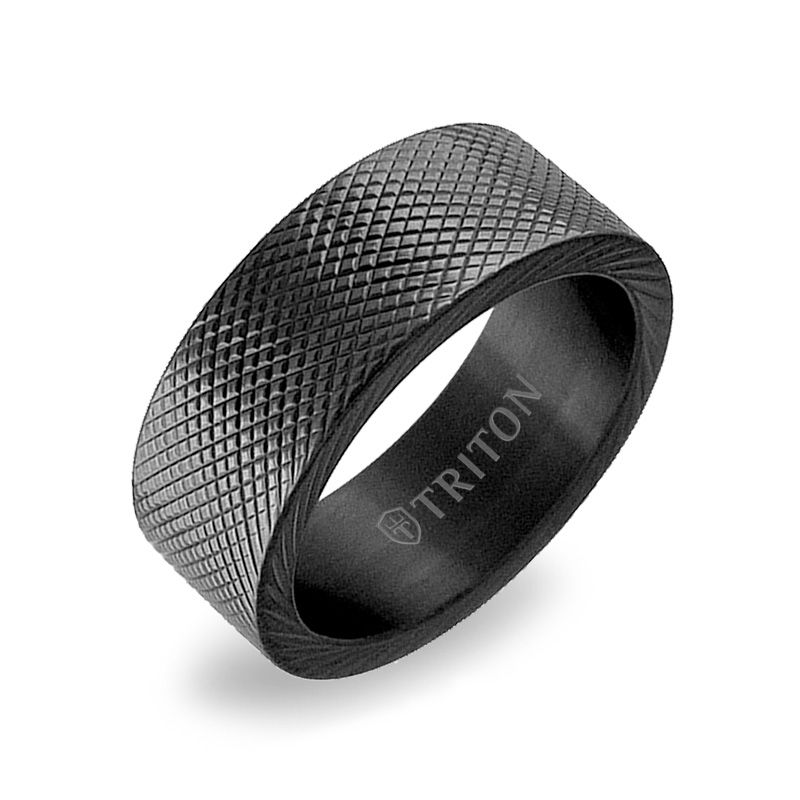 Triton Men's 8.5mm Comfort-Fit Cross-Hatched Wedding Band in Black Titanium