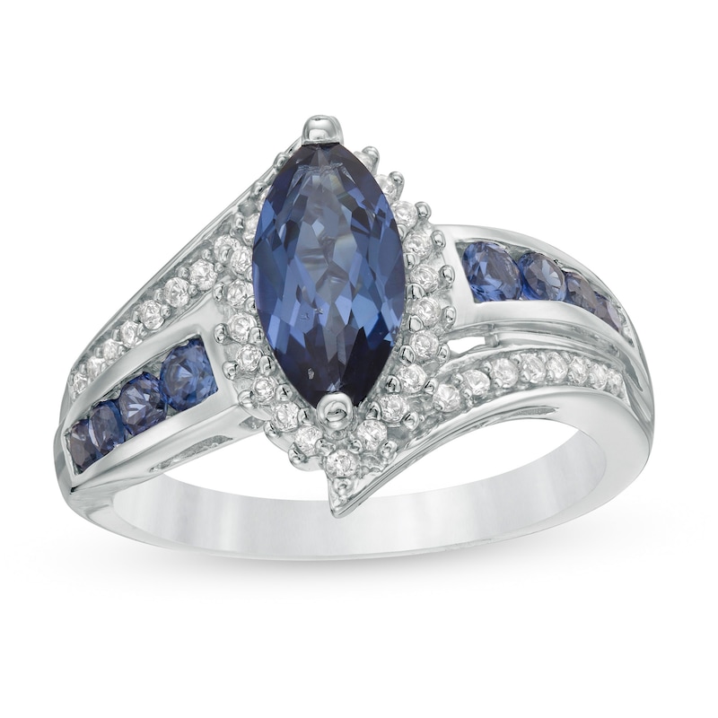 Marquise Lab-Created Ceylon and White Sapphire Frame Bypass Split Shank Ring in Sterling Silver
