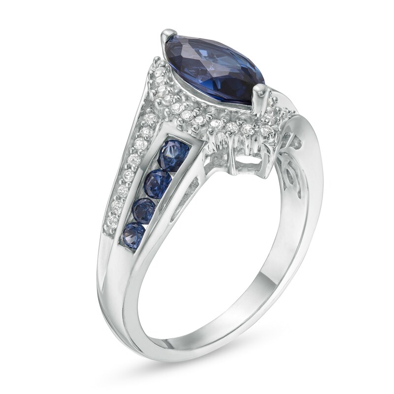 Main Image 2 of Marquise Lab-Created Ceylon and White Sapphire Frame Bypass Split Shank Ring in Sterling Silver