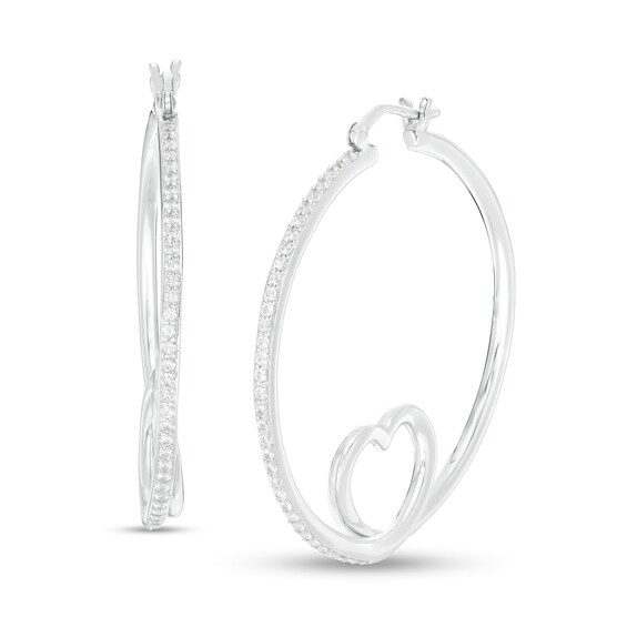 Lab-Created White Sapphire Loop Heart Hoop Earrings in Sterling Silver Lab-Created White Sapphire Loop Heart Hoop Earrings in Sterling Silver