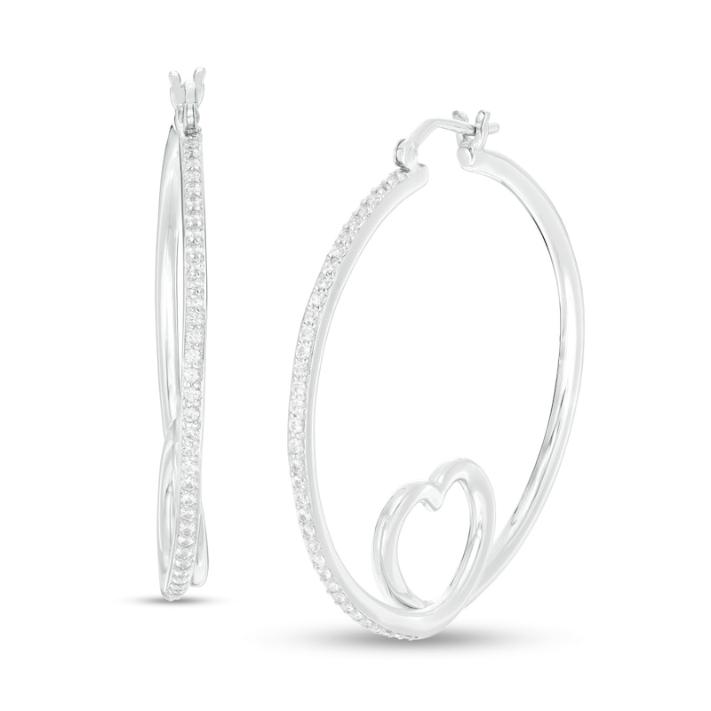 Lab-Created White Sapphire Loop Heart Hoop Earrings in Sterling Silver