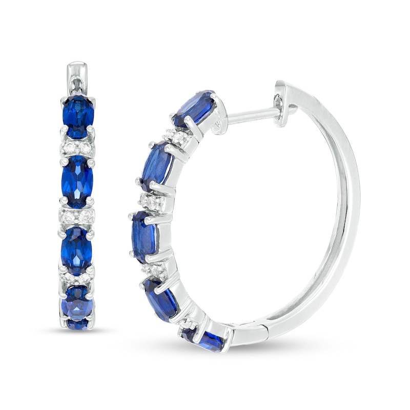 Oval Lab-Created Ceylon and White Sapphire Alternating Hoop Earrings in Sterling Silver