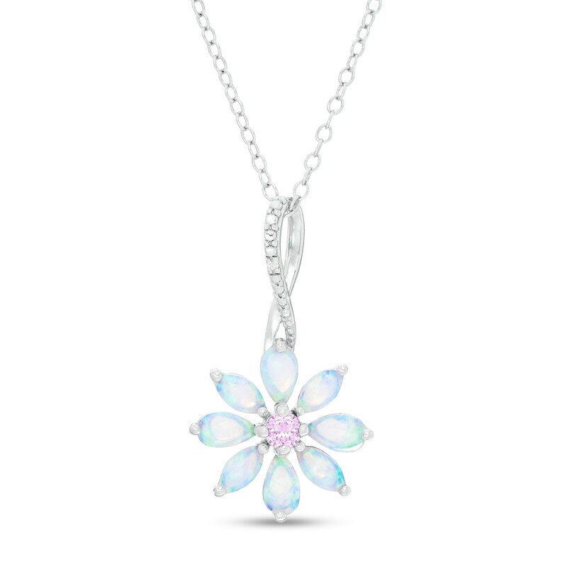 Main Image 1 of Multi-Shape Lab-Created Opal, Pink Sapphire and Diamond Accent Flower Drop Pendant in Sterling Silver