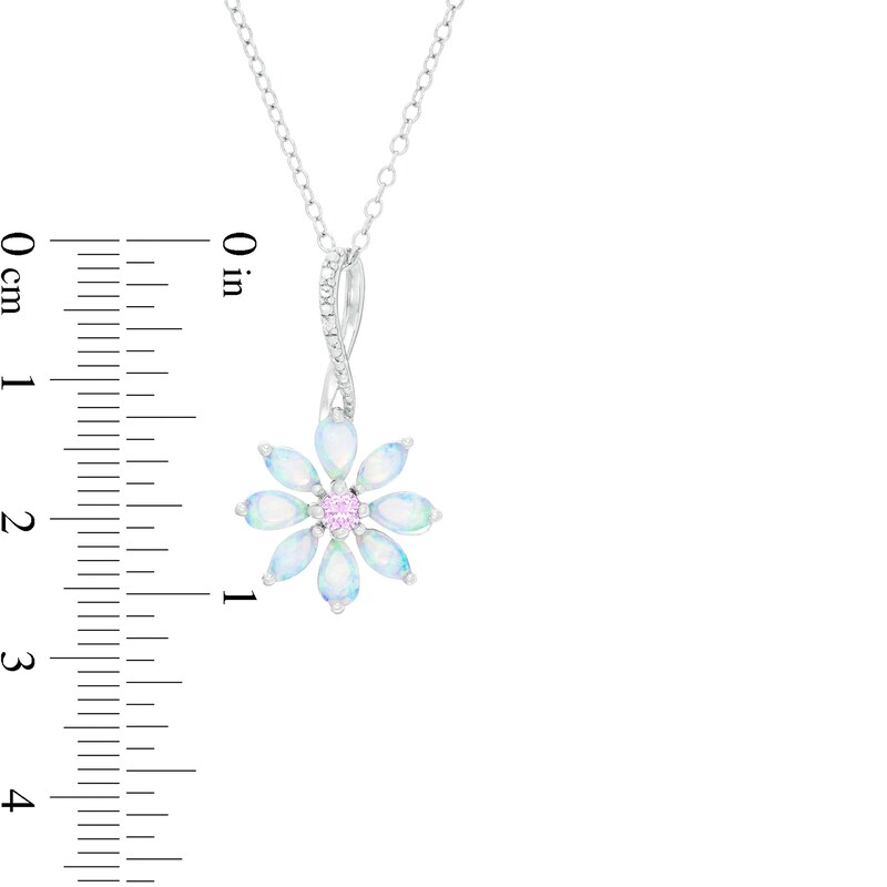 Main Image 2 of Multi-Shape Lab-Created Opal, Pink Sapphire and Diamond Accent Flower Drop Pendant in Sterling Silver