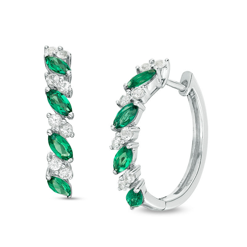 Marquise Lab-Created Emerald and White Sapphire Slant Alternating Hoop Earrings in Sterling Silver